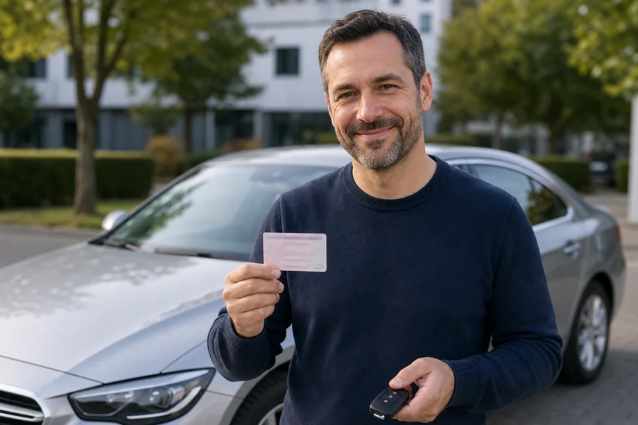Symbolbild eines Fahrers mit Führerschein und Autoschlüssel nach Vorbereitung