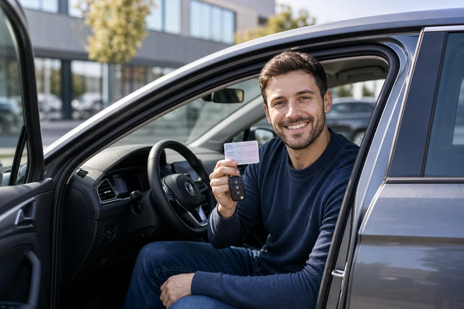 Symbolbild eines jungen Fahrers mit Führerschein und Autoschlüssel